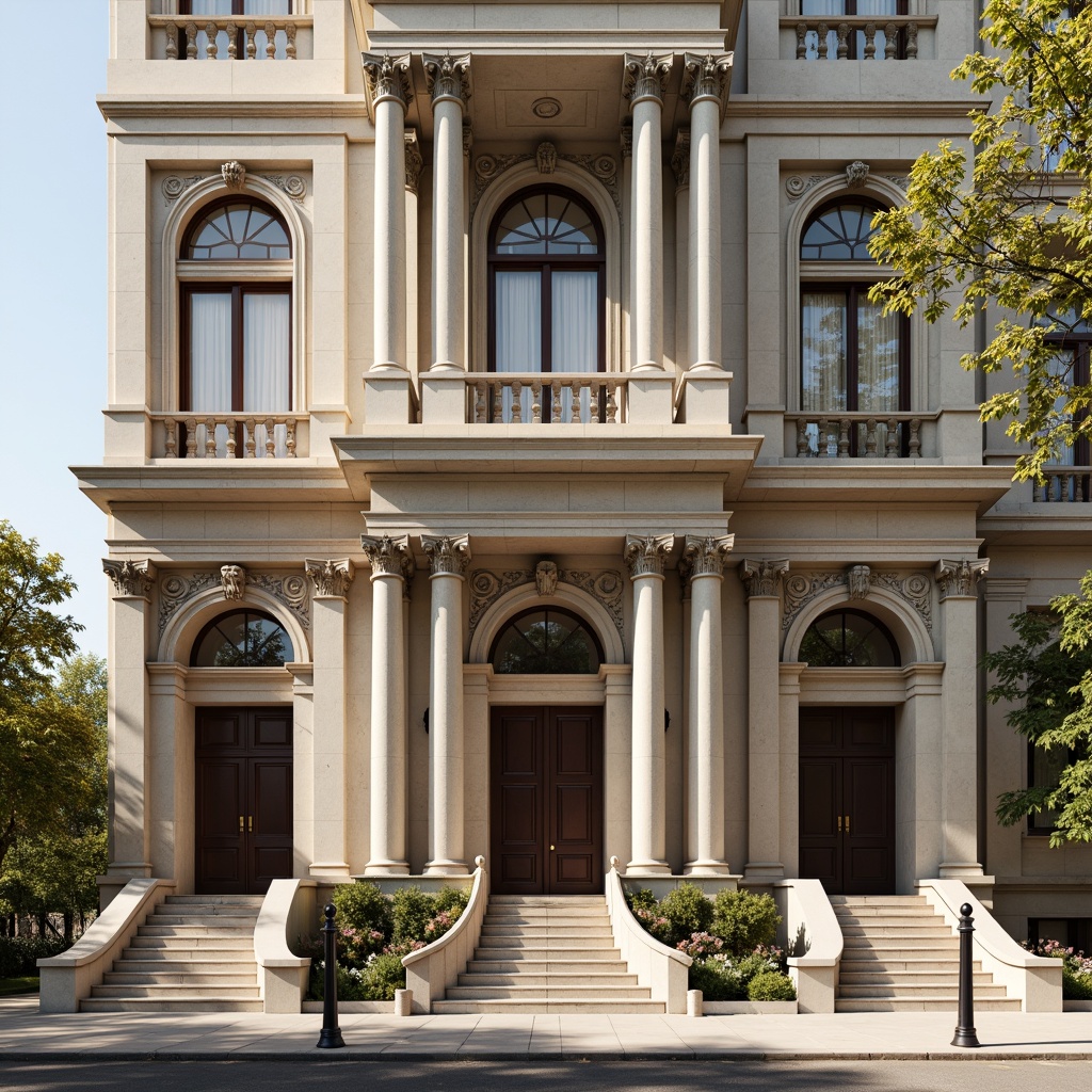 Prompt: Grandiose building facade, ornate columns, intricately carved details, symmetrical composition, classical proportions, limestone or marble materials, subtle color palette, soft natural light, warm afternoon ambiance, shallow depth of field, 2/3 composition, realistic textures, ambient occlusion, ornamental balustrades, decorative friezes, sculpted pediments, grand entranceways, sweeping staircases, elegant archways, refined moldings, luxurious ornamentation.