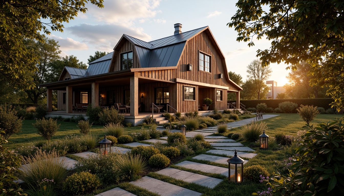 Prompt: Rustic barn-style home, Art Deco accents, vintage metal decorations, lush greenery, blooming wildflowers, meandering stone pathways, distressed wood fences, ornate metal gates, lantern-style outdoor lighting, warm golden sunsets, soft focus photography, 1/2 composition, natural textures, ambient occlusion.Please let me know if this meets your requirements!