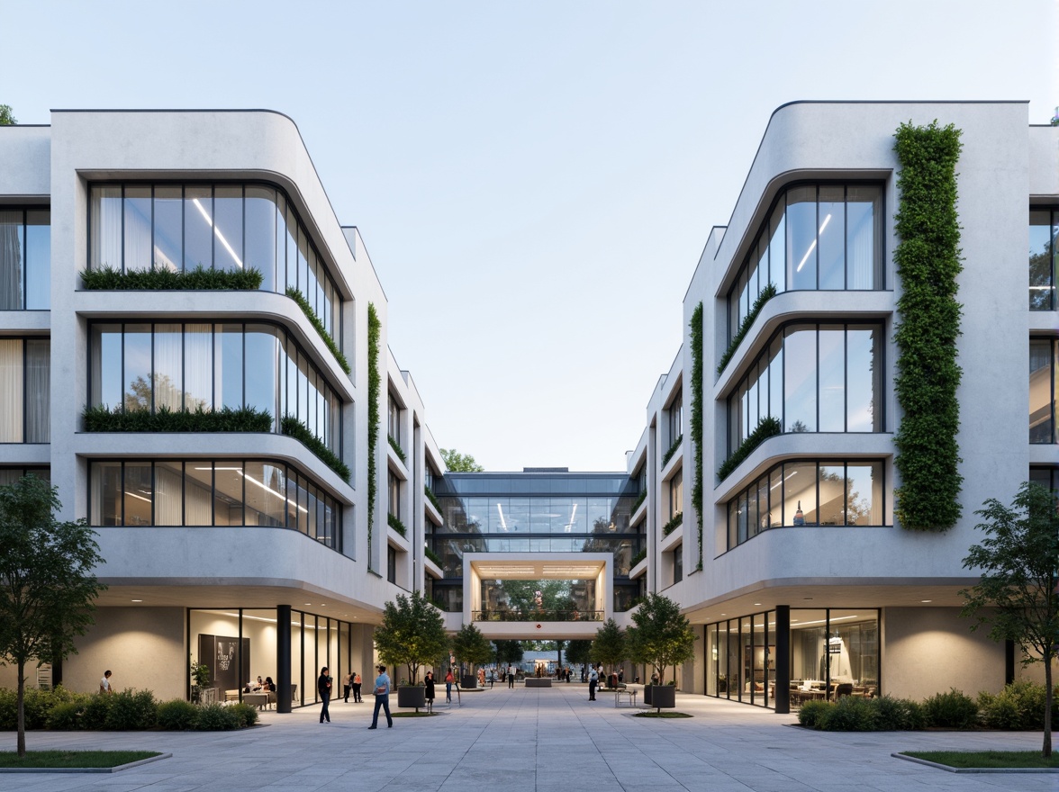 Prompt: Clean hospital facade, minimalist architecture, simple rectangular forms, flat roofs, neutral color palette, large glass windows, metal frames, subtle shading devices, vertical green walls, living walls, natural stone cladding, smooth concrete surfaces, hidden LED lighting, soft ambient illumination, 1/1 composition, symmetrical balance, realistic materials, subtle texture variations.