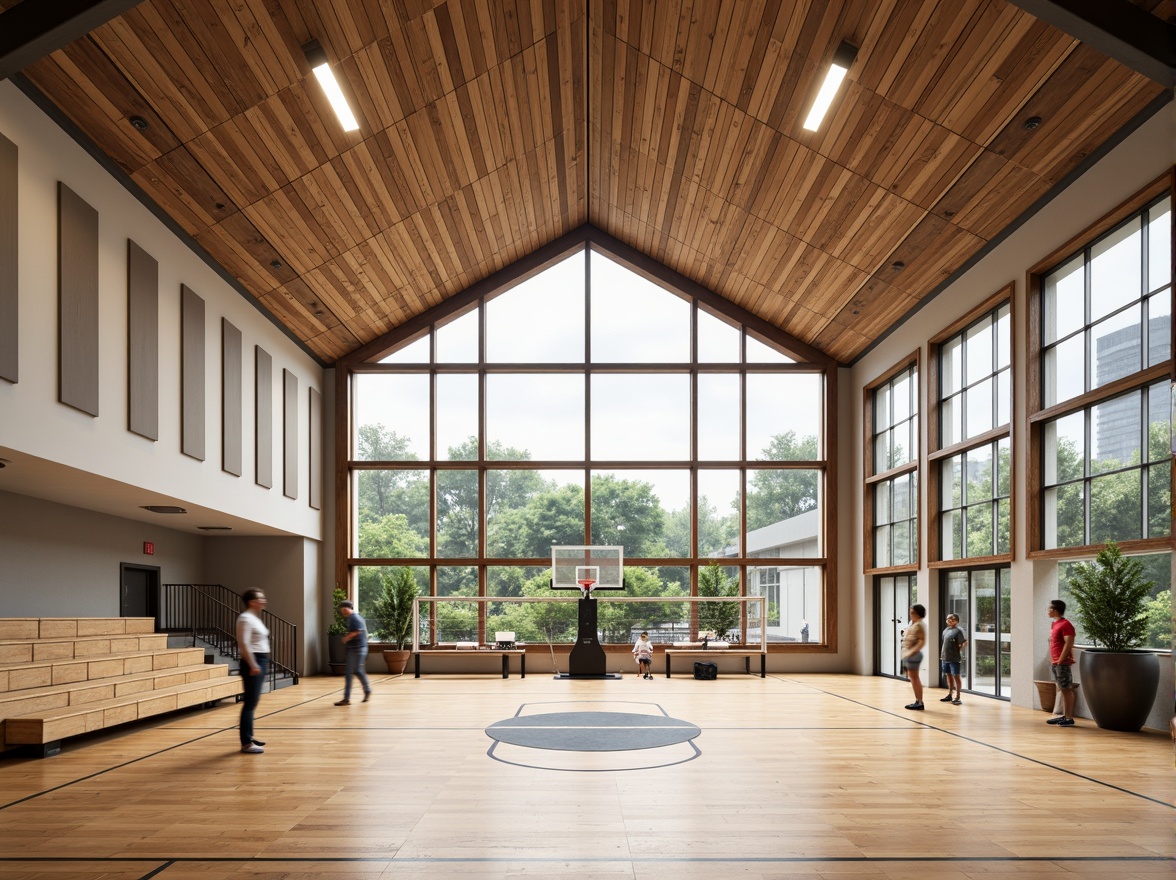 Prompt: Modern gymnasium interior, high ceilings, wooden flooring, sound-absorbing panels, acoustic ceiling tiles, reverberation control systems, echo-reducing materials, sports equipment, basketball hoops, volleyball nets, bleacher seating, natural light, large windows, transparent glass walls, minimal ornamentation, functional design, warm color scheme, soft indirect lighting, shallow depth of field, 1/2 composition, realistic textures, ambient occlusion.