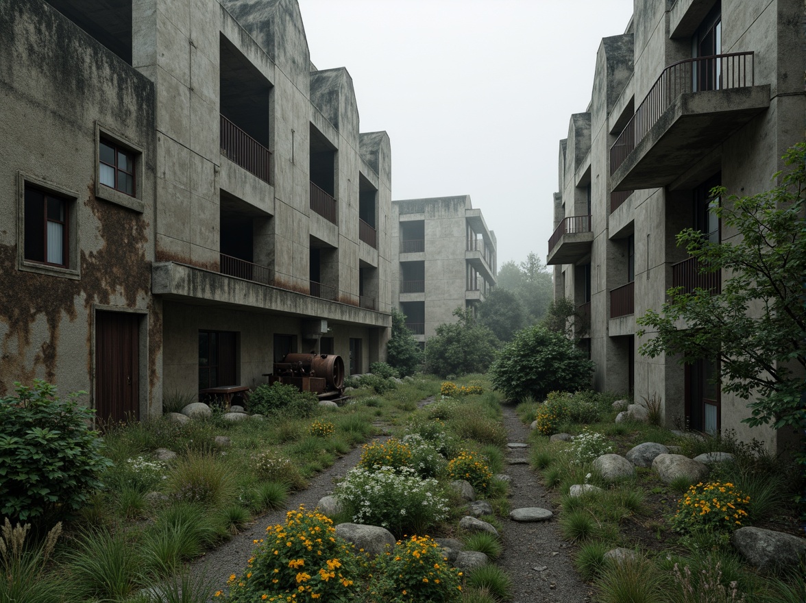 Prompt: Rugged brutalist architecture, raw concrete textures, fortress-like structures, overgrown vegetation, wildflowers, moss-covered walls, industrial landscapes, abandoned factories, rusty machinery, distressed metal accents, urban decay, gritty atmosphere, dramatic lighting, high contrast shadows, cinematic composition, atmospheric fog, misty mornings, eerie silence, desolate surroundings, fragmented rocks, weathered wood, reclaimed materials, post-apocalyptic ambiance.