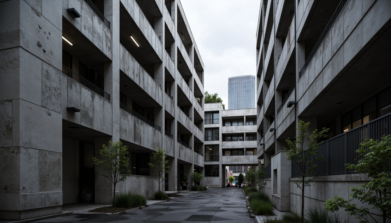 Prompt: Exposed concrete walls, rugged textures, industrial pipes, raw steel beams, minimalist balconies, brutalist architecture, urban cityscape, gloomy overcast sky, dramatic shadows, high-contrast lighting, bold geometric forms, functional simplicity, distressed finishes, poured-in-place concrete, cold monochromatic color palette, 1/1 composition, low-angle shot, cinematic atmosphere, gritty realistic textures.