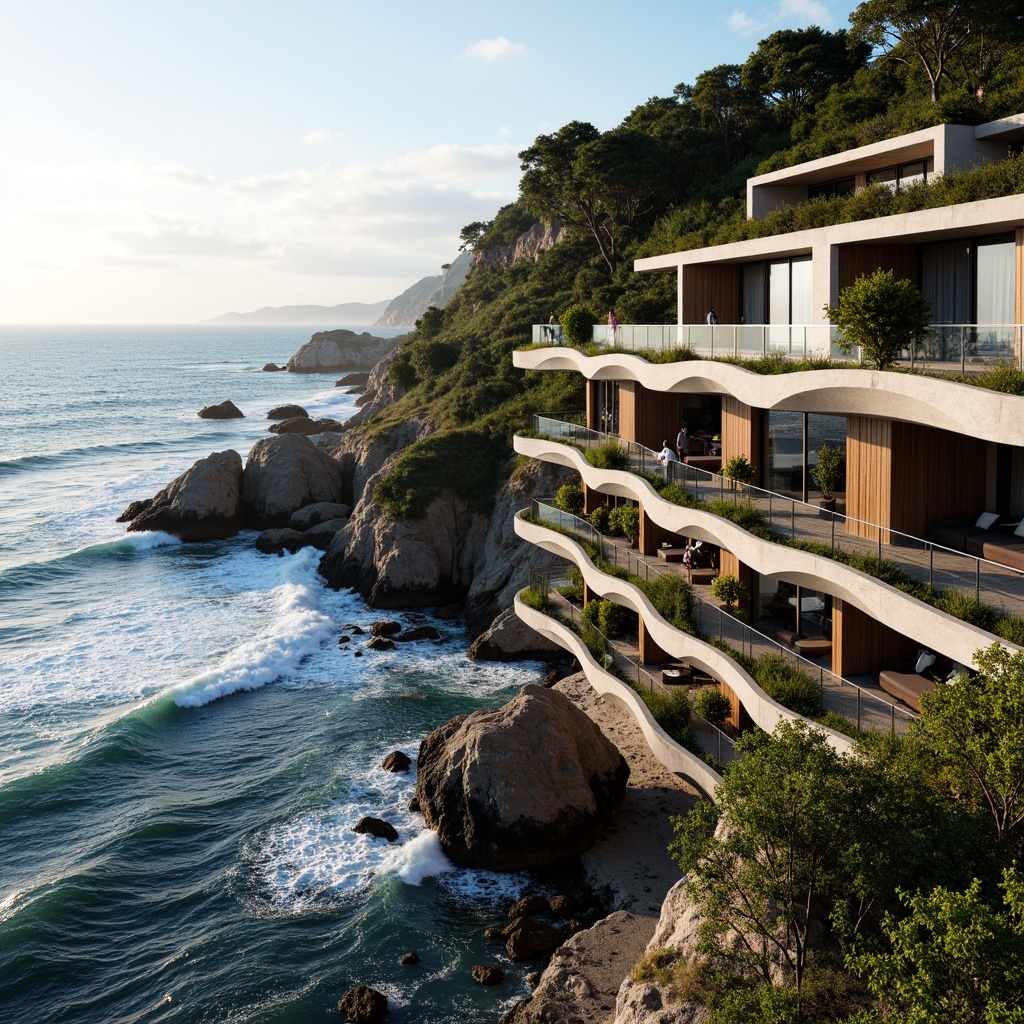 Prompt: Wave-crashing coastline, salty sea air, rugged cliffside, modern coastal architecture, undulating fa\u00e7ades, wavy balconies, ocean-inspired railings, driftwood accents, weathered metal cladding, glass curtain walls, sliding doors, minimalist interiors, natural ventilation systems, solar panels, green roofs, eco-friendly materials, cantilevered overhangs, dramatic staircases, panoramic ocean views, soft warm lighting, shallow depth of field, 3/4 composition, realistic textures, ambient occlusion.