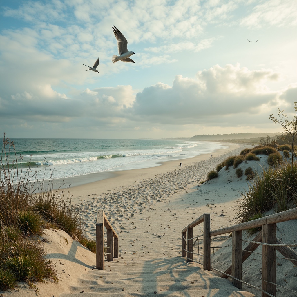 Prompt: Sandy beach, ocean waves, seagulls flying, driftwood accents, weathered wooden decks, nautical ropes, sailboat-inspired railings, calming blue-green color palette, soft pastel hues, creamy whites, warm beige tones, natural textures, woven fibers, sea-salt air, misty mornings, golden sunrises, dramatic cloud formations, 1/2 composition, atmospheric perspective, subtle gradient maps, realistic ocean simulations.