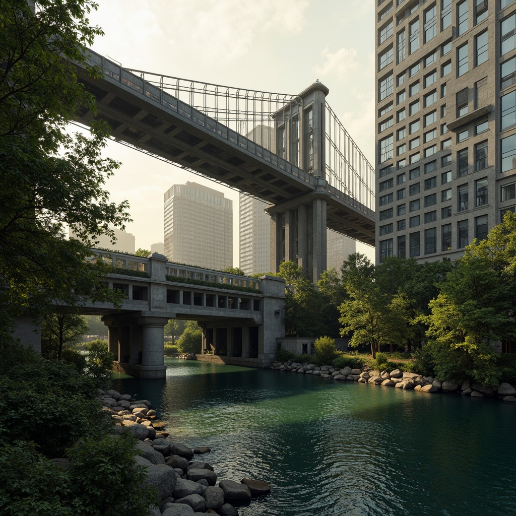 Prompt: Rustic steel bridges, industrial-era aesthetic, weathered metal textures, earthy tones, muted greens, blues and grays, warm golden lighting, misty atmospheric effects, dramatic shadows, 3/4 composition, cinematic view, realistic reflections, ambient occlusion, urban cityscape, riverbank setting, lush vegetation, natural stone piers, modern architectural elements, sleek cable systems.