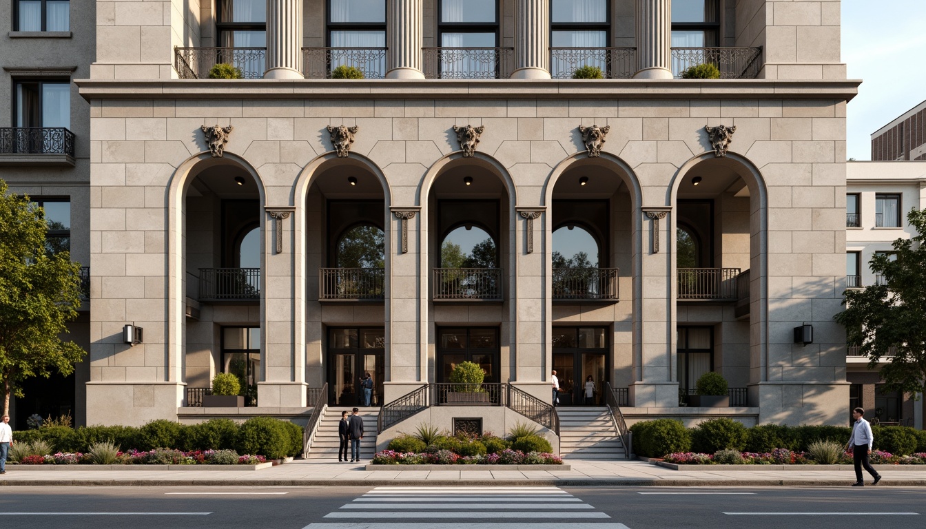 Prompt: Granite-clad facade, monumental columns, ornate metalwork, symmetrical composition, grand entrance, imposing scale, classical arches, rusticated base, formal landscaping, manicured hedges, seasonal flower arrangements, urban cityscape, busy street activity, morning sunlight, soft shadows, 1/1 composition, realistic textures, ambient occlusion.