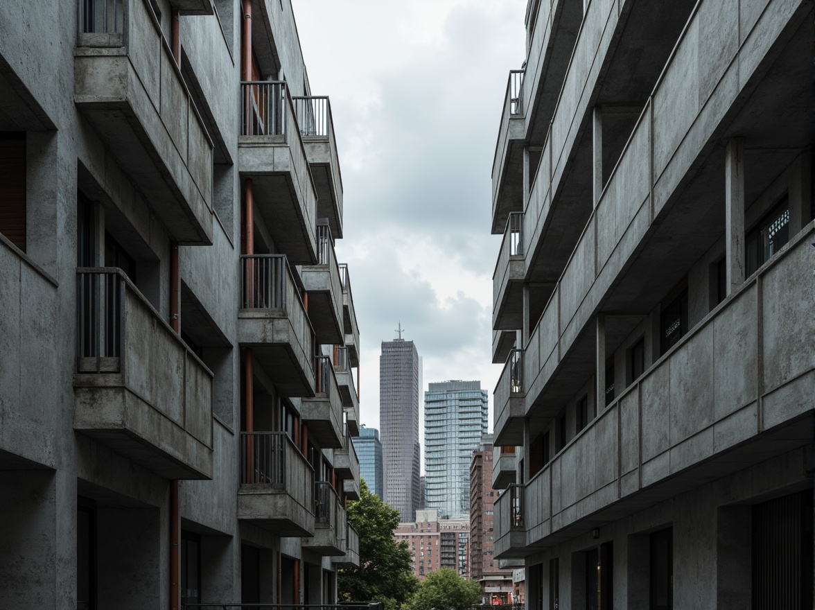 Prompt: Exposed concrete walls, rugged textures, industrial pipes, raw steel beams, minimalist balconies, brutalist architecture, urban cityscape, gloomy overcast sky, dramatic shadows, high-contrast lighting, bold geometric forms, functional simplicity, distressed finishes, poured-in-place concrete, cold monochromatic color palette, 1/1 composition, low-angle shot, cinematic atmosphere, gritty realistic textures.