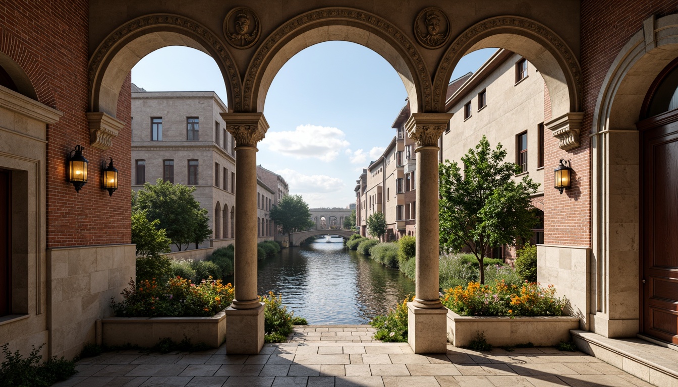 Prompt: Elegant archways, ornate stone carvings, rustic brick facades, grandiose bridge structures, serene water reflections, lush greenery, vibrant flowers, majestic river views, sunny day, soft warm lighting, shallow depth of field, 3/4 composition, panoramic view, realistic textures, ambient occlusion, Renaissance-inspired ornateness, classical columns, symmetrical architecture, harmonious proportions, intricate stonework, weathered copper details, ornamental lanterns.