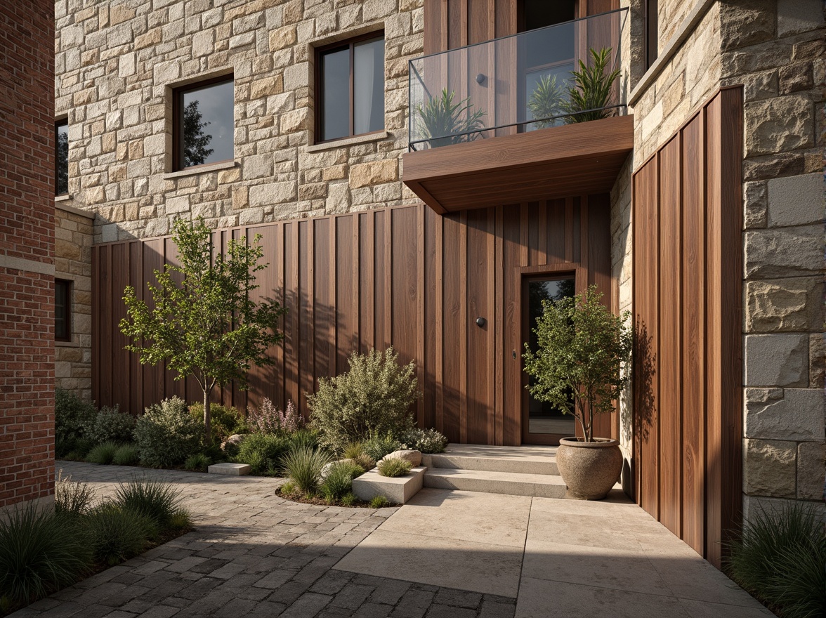 Prompt: Rough stone walls, rustic brick facades, wooden accents, natural wood grain, earthy tones, organic forms, irregular shapes, tactile experiences, 3D modeling, realistic renderings, ambient occlusion, soft warm lighting, shallow depth of field, 2/3 composition, modern architecture, sustainable design, eco-friendly materials, green roofs, living walls, urban landscapes, city skylines, industrial heritage, converted warehouses.