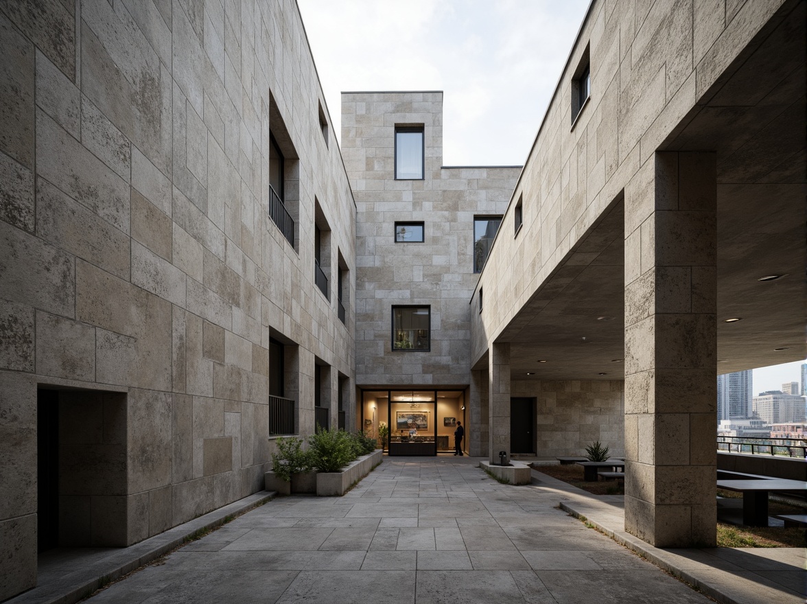 Prompt: Rough-hewn concrete walls, rugged stone facades, brutalist community center, angular geometric shapes, fortress-like structures, raw industrial materials, exposed ductwork, minimalist interior design, functional spaces, natural light pouring in, urban cityscape backdrop, overcast skies, dramatic shadows, high-contrast lighting, 1/1 composition, symmetrical framing, gritty realistic textures, ambient occlusion.