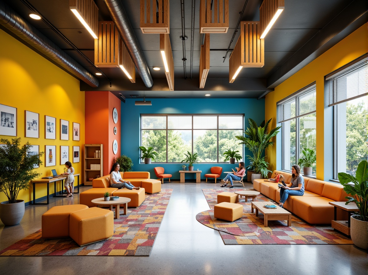 Prompt: Vibrant creative learning space, bold color scheme, stimulating yellow accents, calming blue undertones, energetic orange hues, inspiring greenery, natural wood textures, modern minimalist furniture, sleek metal fixtures, abundant natural light, soft warm glow, cozy reading nooks, collaborative workstations, interactive whiteboards, dynamic digital displays, whimsical artwork, eclectic decorative elements, playful patterned rugs, flexible modular seating, airy open layout, 1/1 composition, shallow depth of field, realistic textures, ambient occlusion.