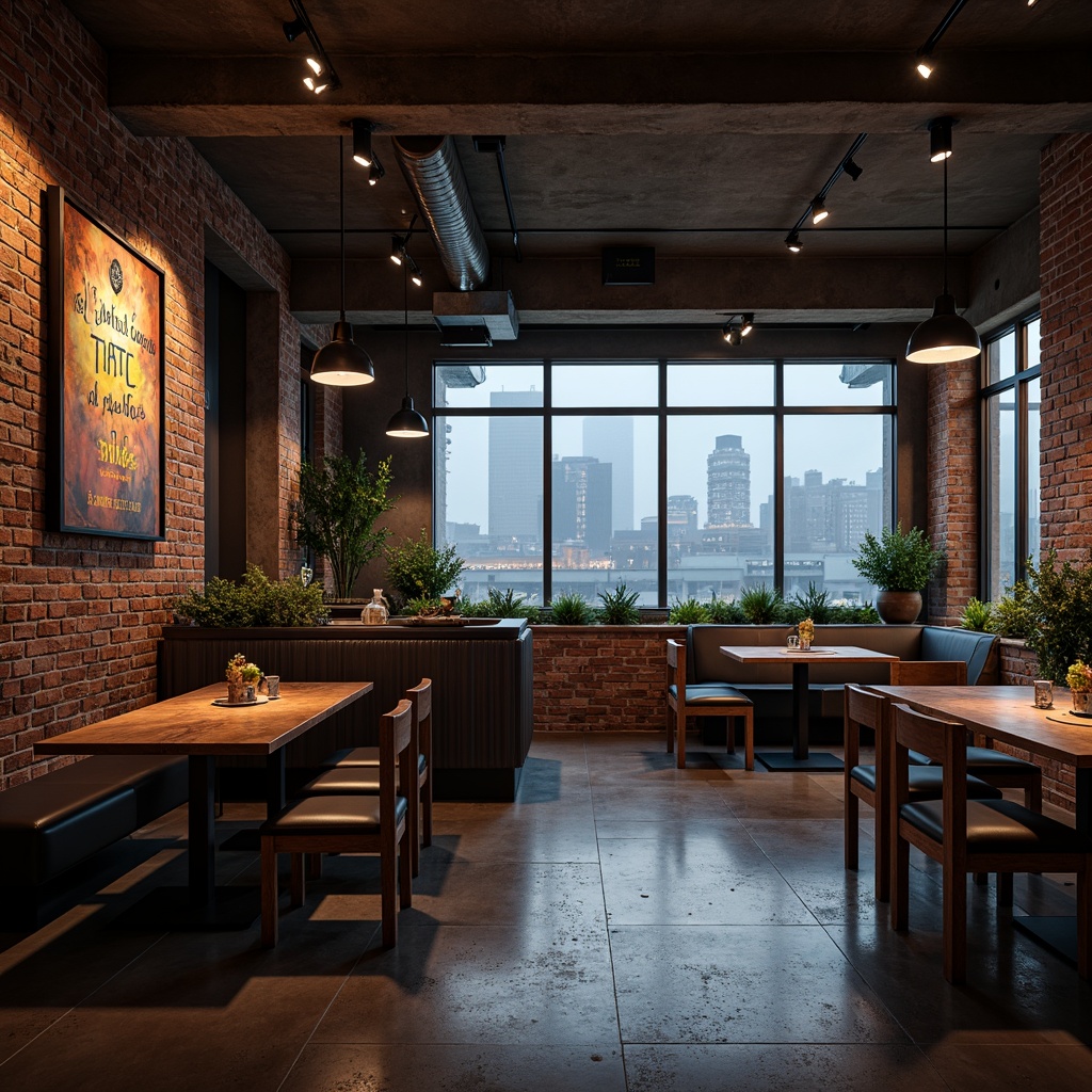 Prompt: Exposed brick walls, distressed concrete floors, metallic beams, industrial pipes, reclaimed wood accents, corrugated metal cladding, neon-lit signage, futuristic LED lighting, minimalist decor, urban cityscape views, foggy atmosphere, cinematic low-key lighting, shallow depth of field, 2/3 composition, realistic reflections, ambient occlusion.