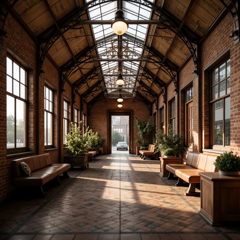 Prompt: Vintage train station, eclectic mix of materials, exposed brick walls, rusty metal beams, reclaimed wood accents, ornate ironwork, stained glass ceilings, intricate tile mosaics, distressed leather benches, antique luggage racks, industrial-style lighting fixtures, warm golden lighting, shallow depth of field, 1/1 composition, realistic textures, ambient occlusion.