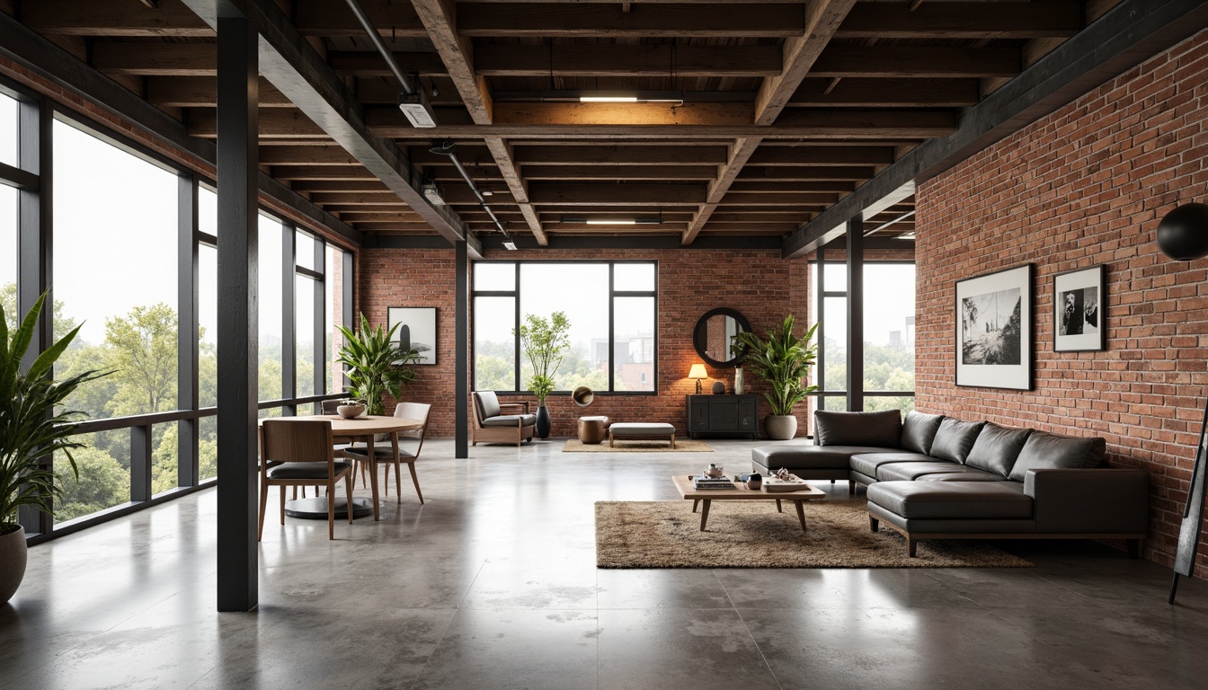 Prompt: Exposed brick walls, industrial metal beams, reclaimed wood accents, polished concrete floors, minimalist decor, modern urban loft, open-plan living space, floor-to-ceiling windows, natural light pouring in, airy atmosphere, sleek lines, geometric shapes, abstract art pieces, monochromatic color scheme, subtle textures, soft warm lighting, shallow depth of field, 3/4 composition, realistic renderings.