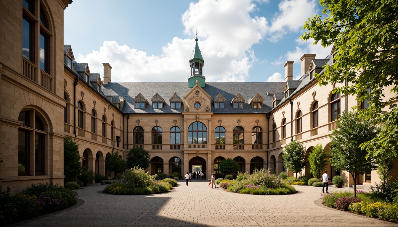 Prompt: Grand university building, ornate roof tiling, Gothic arches, ribbed vaults, flying buttresses, stained glass skylights, intricate stone carvings, classical columns, symmetrical fa\u00e7ade, imposing clock tower, lush greenery, vibrant flowers, sunny day, soft warm lighting, shallow depth of field, 3/4 composition, panoramic view, realistic textures, ambient occlusion.