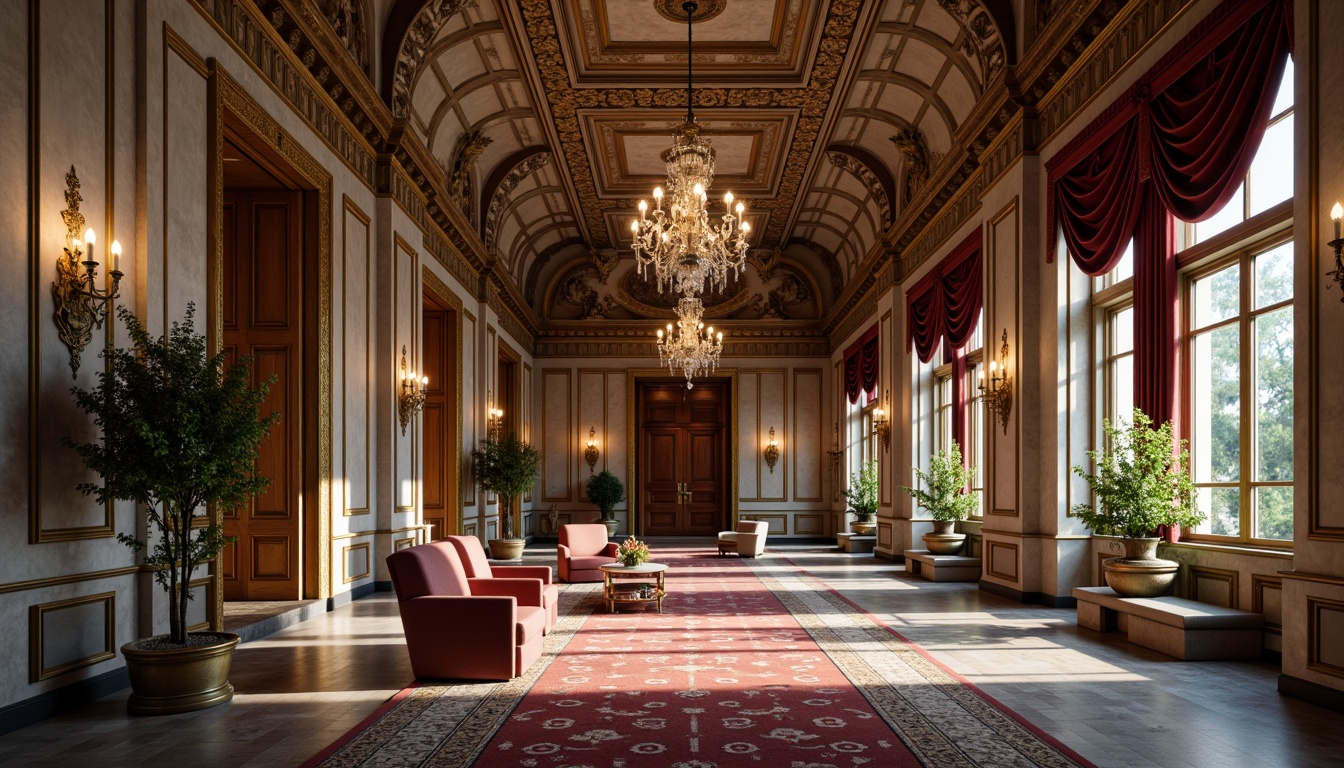 Prompt: Ornate neoclassical building, marble columns, intricately carved stone facades, ornamental metalwork, grandiose entranceways, polished wooden doors, luxurious velvet drapes, gilded frames, crystal chandeliers, richly patterned rugs, opulent furnishings, subtle warm lighting, shallow depth of field, 1/1 composition, realistic textures, ambient occlusion.