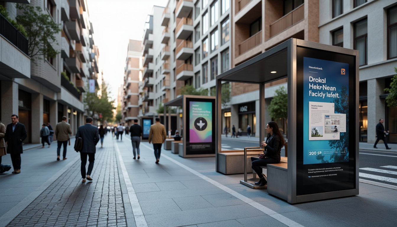 Prompt: Modern wayfinding signage, sleek metal frames, digital displays, interactive kiosks, clear typography, vibrant color schemes, intuitive navigation, pedestrian-friendly infrastructure, urban cityscape, bustling streets, morning commute, soft natural lighting, shallow depth of field, 1/1 composition, realistic textures, ambient occlusion.