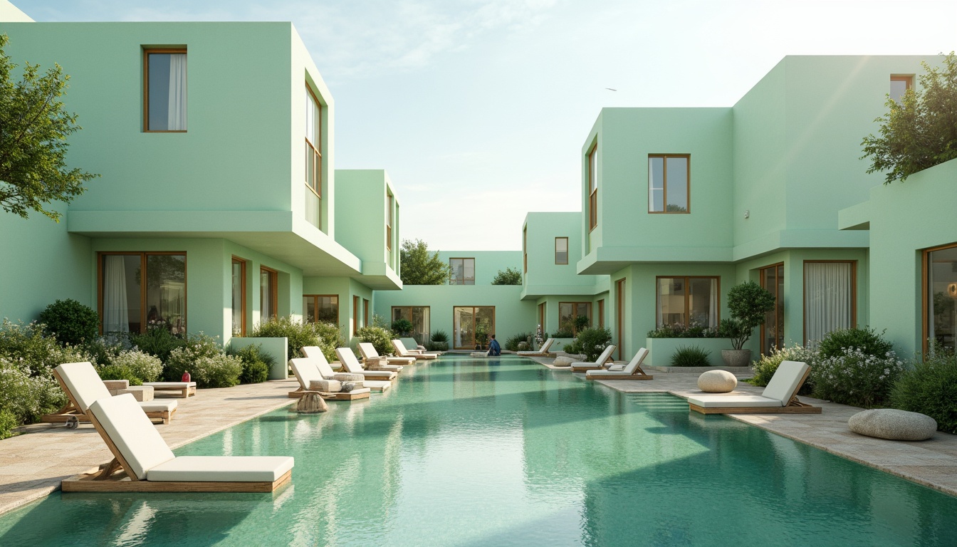 Prompt: Soothing mint-green buildings, soft pastel hues, calming atmosphere, natural stone foundations, curved lines, minimalist design, large windows, sliding glass doors, lush greenery, blooming flowers, serene water features, shallow reflective pools, warm sunny day, gentle misting systems, ambient occlusion, 3/4 composition, panoramic view, realistic textures, modern architecture, eco-friendly materials, innovative cooling technologies.