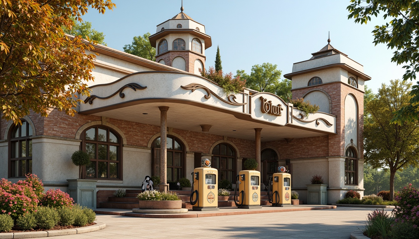 Prompt: Whimsical gas station, ornate fa\u00e7ade, vintage petrol pumps, distressed brick walls, rusty metal accents, floral patterns, soft pastel colors, intricate stonework, grand entrance arches, decorative cornices, ornamental turrets, lush greenery, blooming flowers, warm sunny day, soft golden lighting, shallow depth of field, 1/1 composition, realistic textures, ambient occlusion.