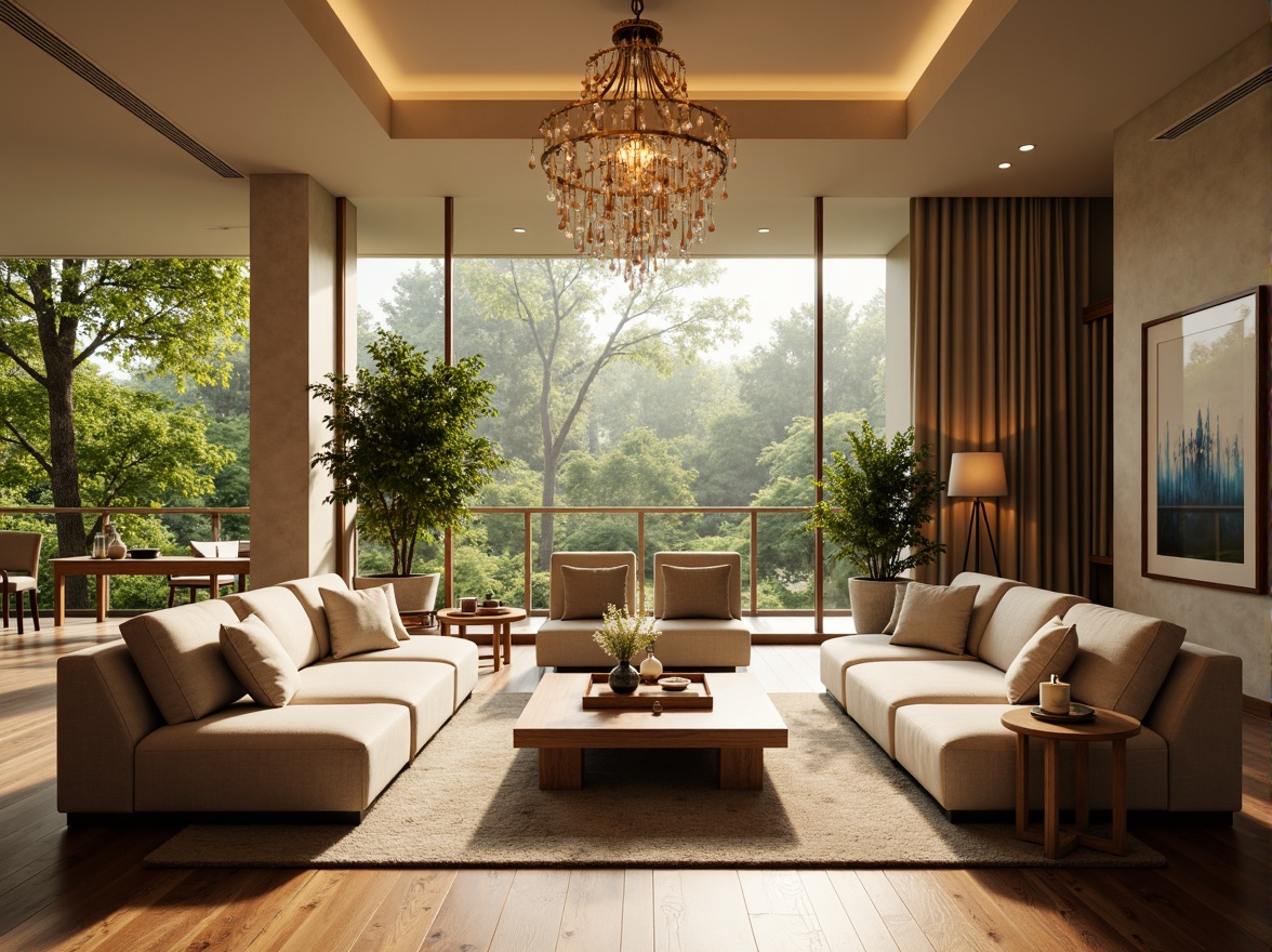 Prompt: Cozy living room, plush sofas, warm beige walls, rich wood flooring, soft golden lighting, comfortable throw pillows, modern minimalist decor, large windows, natural daylight, lush greenery views, elegant chandeliers, sophisticated color palette, calming atmosphere, shallow depth of field, 1/1 composition, realistic textures, ambient occlusion.