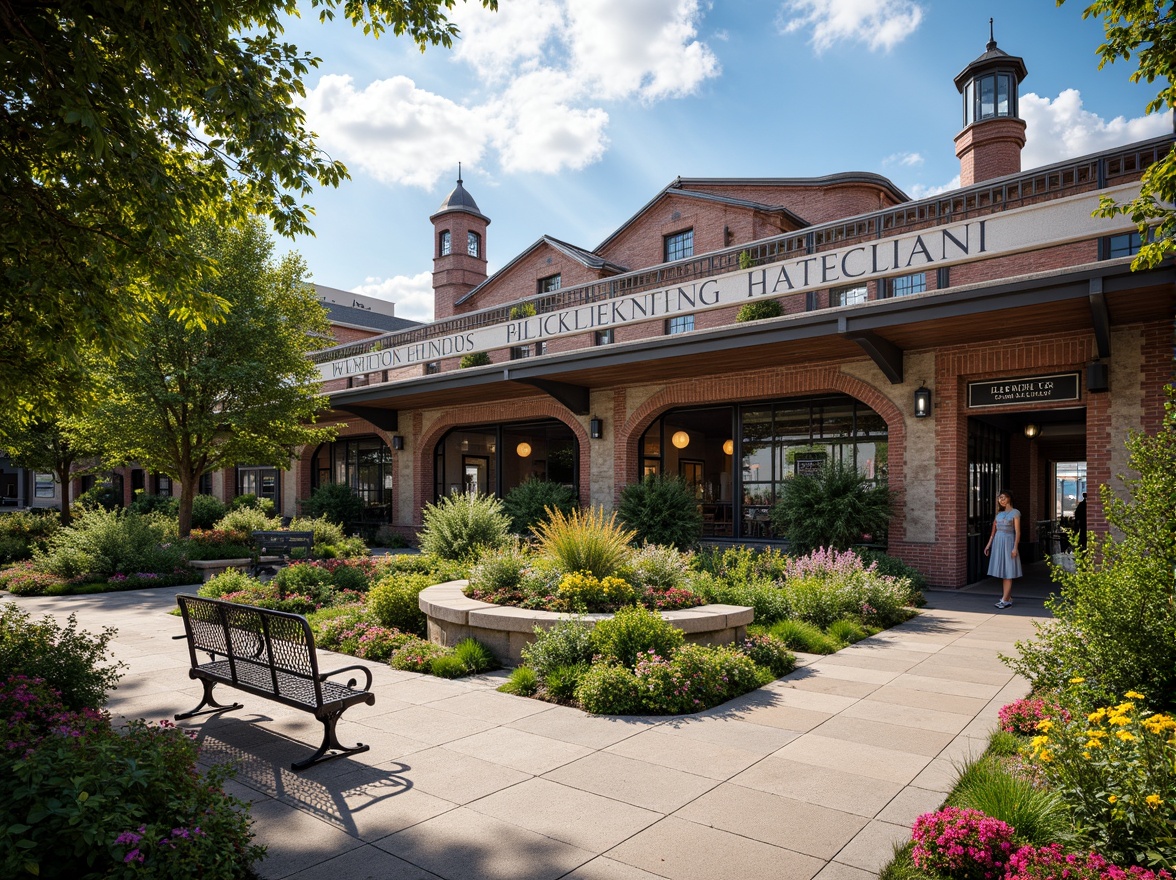 Prompt: Vibrant train station, eclectic landscaping, mixed botanicals, lush greenery, colorful flowers, ornate metal benches, intricate stonework, vintage lamp posts, industrial-chic signage, distressed brick walls, modern glass canopies, grand entrance archways, bustling urban atmosphere, warm sunny day, soft natural lighting, shallow depth of field, 1/2 composition, realistic textures, ambient occlusion.