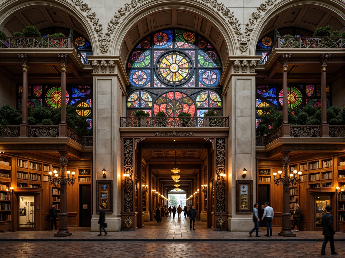 Prompt: Grandiose library facade, eclectic architectural style, ornate stone carvings, intricate metalwork, vibrant stained glass windows, asymmetrical composition, grand entrance archways, imposing columns, ornamental balconies, richly patterned textiles, warm golden lighting, dramatic shadows, 1/2 composition, low-angle shot, realistic materials, ambient occlusion.