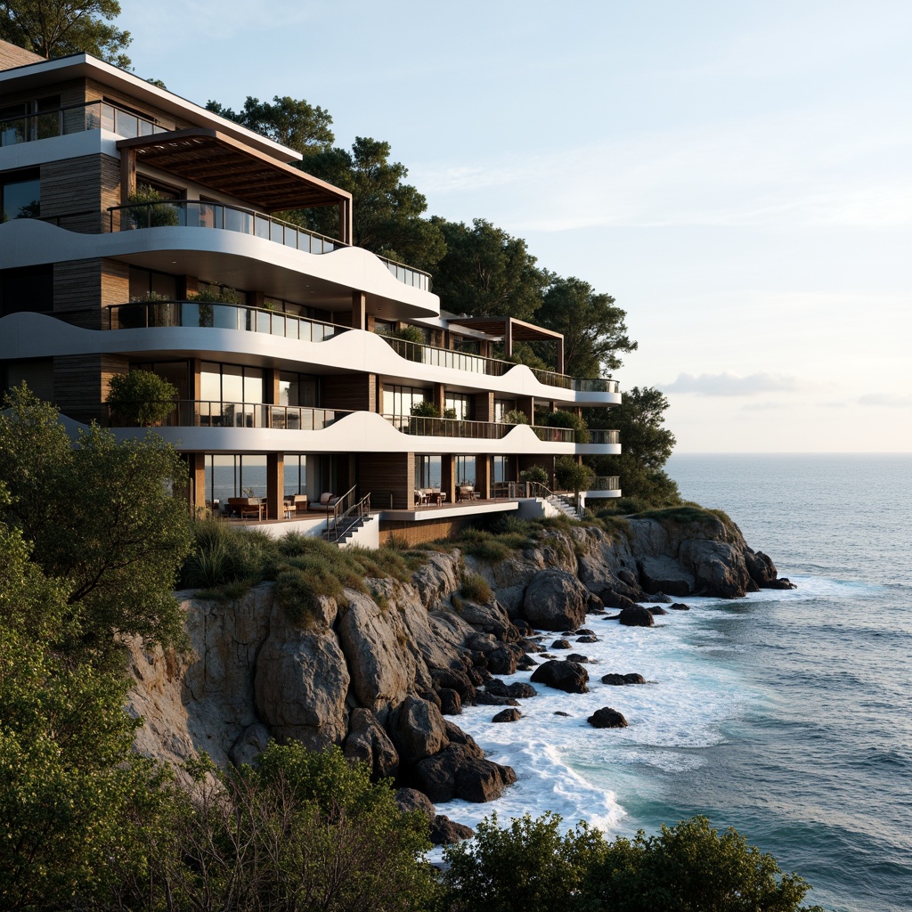 Prompt: Wave-crashing coastline, salty sea air, rugged cliffside, modern coastal architecture, undulating fa\u00e7ades, wavy balconies, ocean-inspired railings, driftwood accents, weathered metal cladding, glass curtain walls, sliding doors, minimalist interiors, natural ventilation systems, solar panels, green roofs, eco-friendly materials, cantilevered overhangs, dramatic staircases, panoramic ocean views, soft warm lighting, shallow depth of field, 3/4 composition, realistic textures, ambient occlusion.