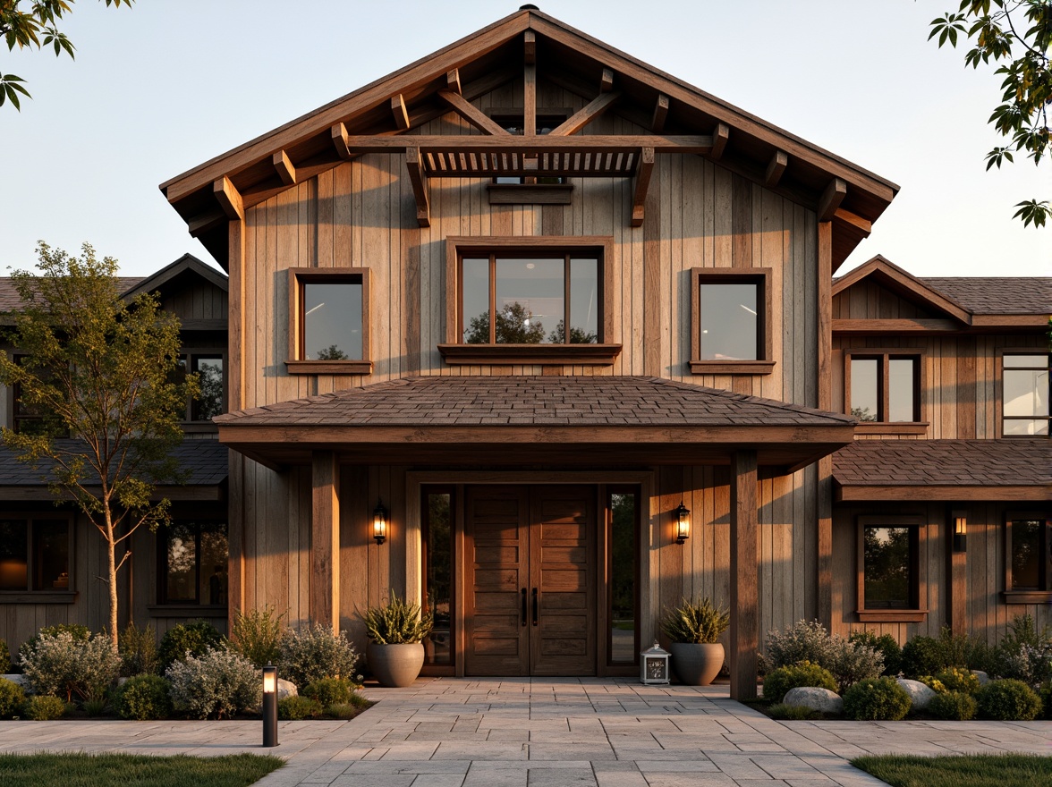 Prompt: Rustic barn facade, Art Deco accents, ornate metalwork, vintage farm equipment, distressed wood textures, earthy color palette, symmetrical composition, grand entrance, decorative cornices, geometric patterns, luxurious materials, opulent details, warm golden lighting, soft focus, shallow depth of field, 1/1 composition, realistic render.