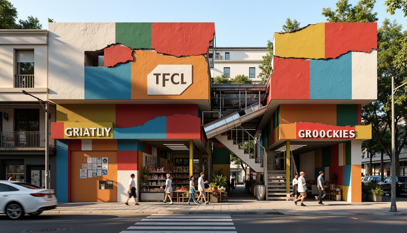 Prompt: Deconstructed grocery store facade, fragmented forms, irregular shapes, bold color blocking, distressed finishes, industrial materials, exposed ductwork, metallic accents, abstract signage, playful typography, urban context, busy street scene, morning light, soft shadows, shallow depth of field, 1/1 composition, realistic textures, ambient occlusion.