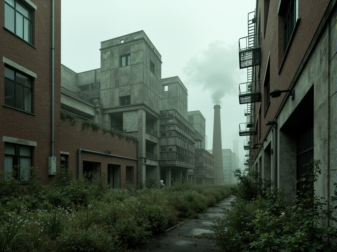 Prompt: Rugged brutalist architecture, raw concrete textures, fortress-like structures, overgrown vegetation, wildflowers, moss-covered walls, industrial landscapes, abandoned factories, crumbling brick facades, distressed metal accents, urban decay, post-apocalyptic atmosphere, dramatic lighting, low-angle shots, cinematic composition, gritty realistic renderings, atmospheric fog effects, misty mornings, eerie silence.