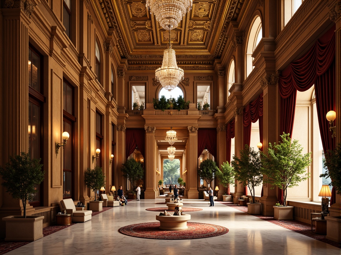 Prompt: Grand hotel lobby, high ceilings, ornate chandeliers, marble floors, intricately carved wooden paneling, gilded moldings, Corinthian columns, arched windows, velvet drapes, luxurious furnishings, crystal fixtures, warm golden lighting, shallow depth of field, 1/1 composition, symmetrical layout, realistic textures, ambient occlusion.