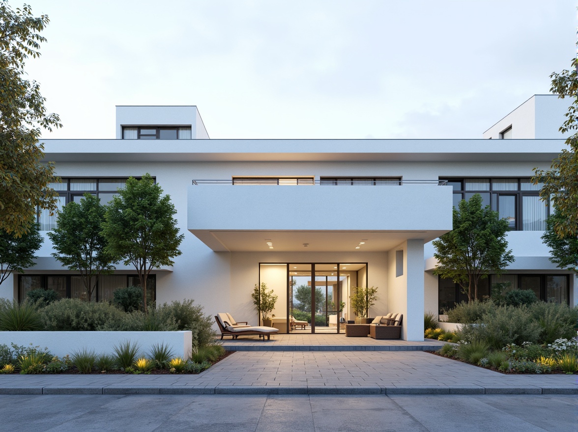 Prompt: Clean hospital facade, minimalist architecture, simple rectangular forms, flat roofs, neutral color palette, large glass windows, metal frames, subtle shading devices, vertical green walls, living walls, natural stone cladding, smooth concrete surfaces, hidden LED lighting, soft ambient illumination, 1/1 composition, symmetrical balance, realistic materials, subtle texture variations.