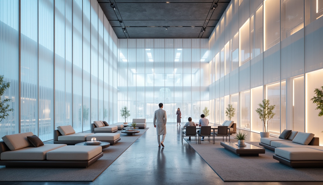 Prompt: Ethereal interior, translucent walls, glowing luminescent panels, soft diffused lighting, airy atmosphere, minimalist decor, sleek modern furniture, polished metal accents, subtle texture variations, delicate glass partitions, whispering silk fabrics, luminous LED installations, futuristic ambiance, 1/1 composition, shallow depth of field, warm color palette, ambient occlusion.