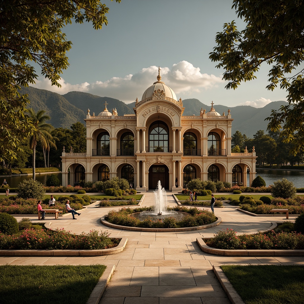 Prompt: Grand gymnasium, ornate Baroque fa\u00e7ade, sweeping arches, grandiose columns, intricate stone carvings, lavish fountains, lush greenery, vibrant flowers, majestic trees, rolling hills, serene lake, walking trails, rustic benches, natural stone pathways, dramatic lighting, warm golden tones, high contrast ratio, 1/2 composition, symmetrical framing, realistic textures, ambient occlusion.