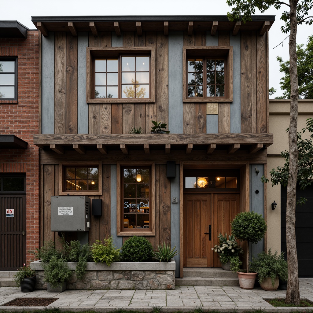 Prompt: Rustic workshop facade, distressed wooden planks, metal cladding, industrial-style windows, exposed brick walls, vintage signage, eclectic architectural details, warm earthy tones, natural stone foundations, overhanging roofs, asymmetrical composition, dramatic shadows, soft diffused lighting, 1/2 composition, realistic textures, ambient occlusion.