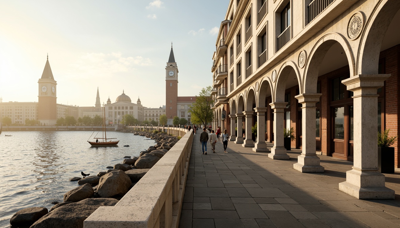 Prompt: Riverfront promenade, ornate balustrades, grandiose columns, symmetrical facades, classical arches, elegant cornices, limestone buildings, majestic clock towers, tranquil water reflections, sailboats, seagulls, misty morning atmosphere, warm golden lighting, shallow depth of field, 1/2 composition, panoramic view, realistic textures, ambient occlusion.