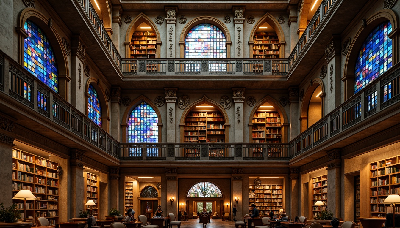 Prompt: Grandiose library facade, eclectic architectural style, ornate stone carvings, intricate metalwork, vibrant stained glass windows, asymmetrical composition, grand entrance archways, imposing columns, ornamental balconies, richly patterned textiles, warm golden lighting, dramatic shadows, 1/2 composition, low-angle shot, realistic materials, ambient occlusion.