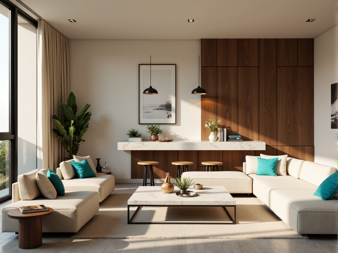 Prompt: Modern living room, sleek furniture, minimalist decor, neutral color palette, soft beige walls, rich walnut wood accents, creamy white marble countertops, bold black metal frames, vibrant turquoise throw pillows, natural linen upholstery, warm golden lighting, shallow depth of field, 1/1 composition, realistic textures, ambient occlusion.