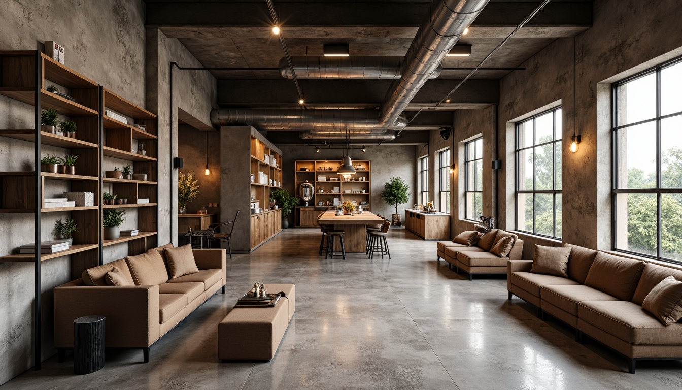 Prompt: Industrial chic interior, exposed ductwork, polished concrete floors, minimalist decor, functional shelving units, sleek metal accents, reclaimed wood furniture, Edison bulb lighting, urban loft atmosphere, natural textiles, earthy color palette, soft warm glow, shallow depth of field, 1/1 composition, realistic materials, ambient occlusion.