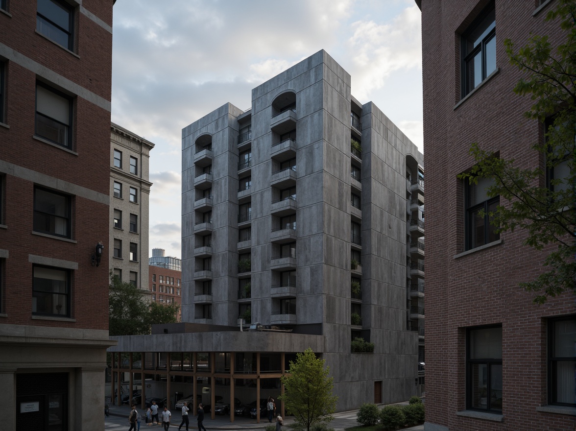 Prompt: Rough concrete walls, exposed ductwork, industrial metal beams, raw brick facades, weathered stone surfaces, distressed wood accents, brutalist monumentality, fortress-like structures, urban cityscape, overcast skies, dramatic shadows, high-contrast lighting, cinematic composition, gritty realistic textures, ambient occlusion.