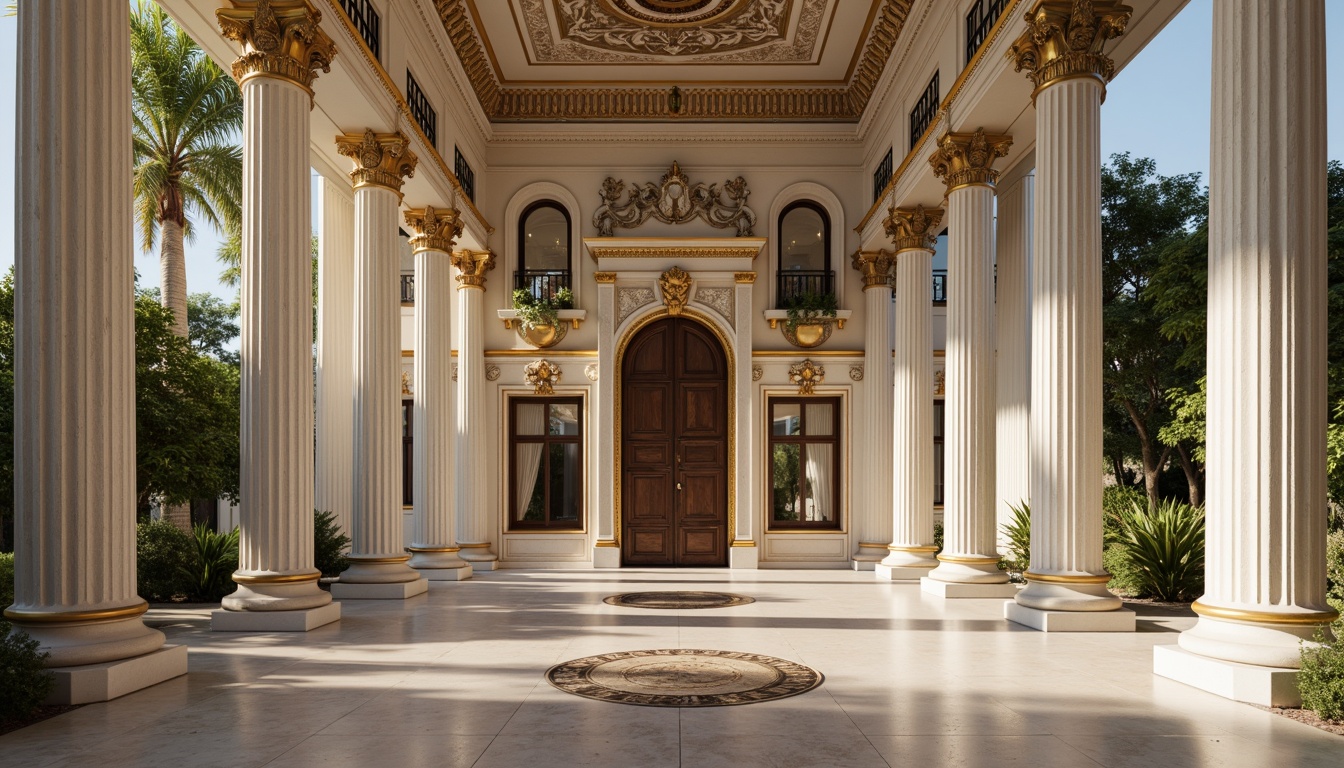 Prompt: Elegant neoclassical architecture, ornate columns, intricately carved details, grandiose entranceways, symmetrical facades, soft creamy whites, warm beige tones, rich gold accents, deep navy blues, subtle earthy browns, luxurious marble textures, ornamental moldings, refined stucco finishes, dramatic chiaroscuro lighting, high contrast ratios, 2/3 composition, atmospheric perspective, realistic reflections, ambient occlusion.