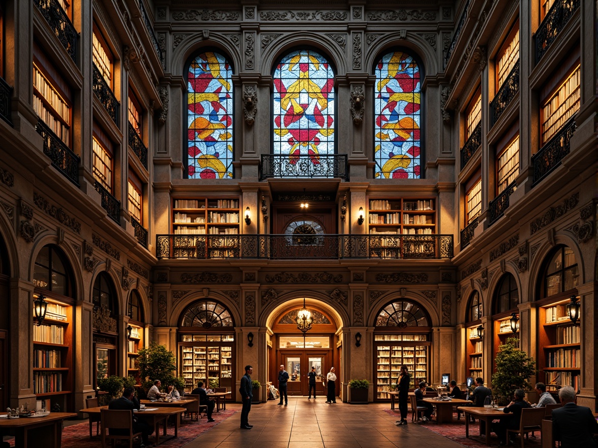 Prompt: Grandiose library facade, eclectic architectural style, ornate stone carvings, intricate metalwork, vibrant stained glass windows, asymmetrical composition, grand entrance archways, imposing columns, ornamental balconies, richly patterned textiles, warm golden lighting, dramatic shadows, 1/2 composition, low-angle shot, realistic materials, ambient occlusion.