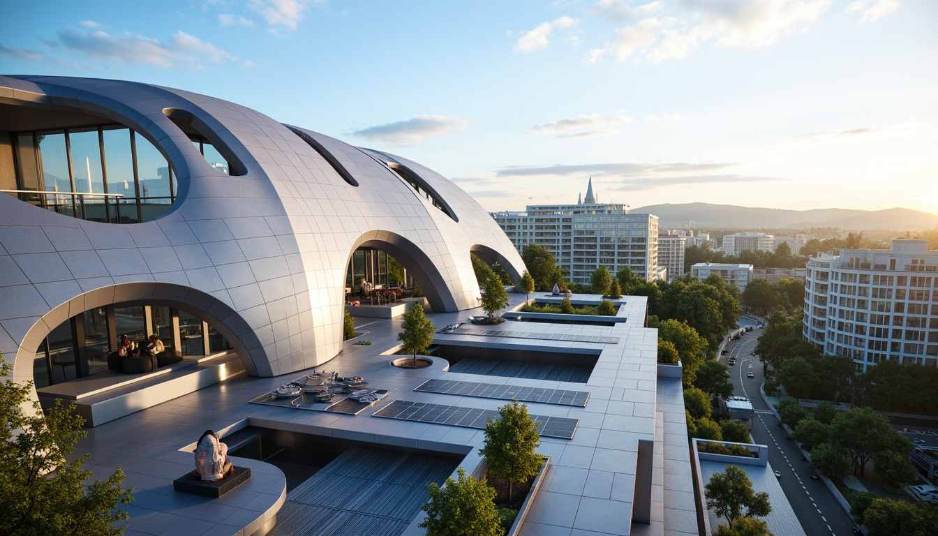 Prompt: Futuristic roofscape, curved lines, sleek metal cladding, solar panels, green roofs, eco-friendly materials, innovative drainage systems, minimalist design, angular shapes, modern architecture, urban landscape, city skyline, clear blue sky, sunny day, soft warm lighting, shallow depth of field, 3/4 composition, panoramic view, realistic textures, ambient occlusion.