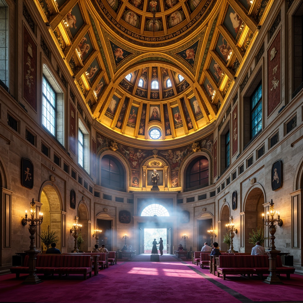 Prompt: Majestic Byzantine church, golden domes, intricate mosaics, rich jewel tones, warm beige stone walls, ornate frescoes, vibrant turquoise accents, regal purple hues, soft candlelight, atmospheric fog, mystical ambiance, high contrast lighting, dramatic shadows, symmetrical composition, ornate details, luxurious fabrics, antique textures, ancient artifacts.