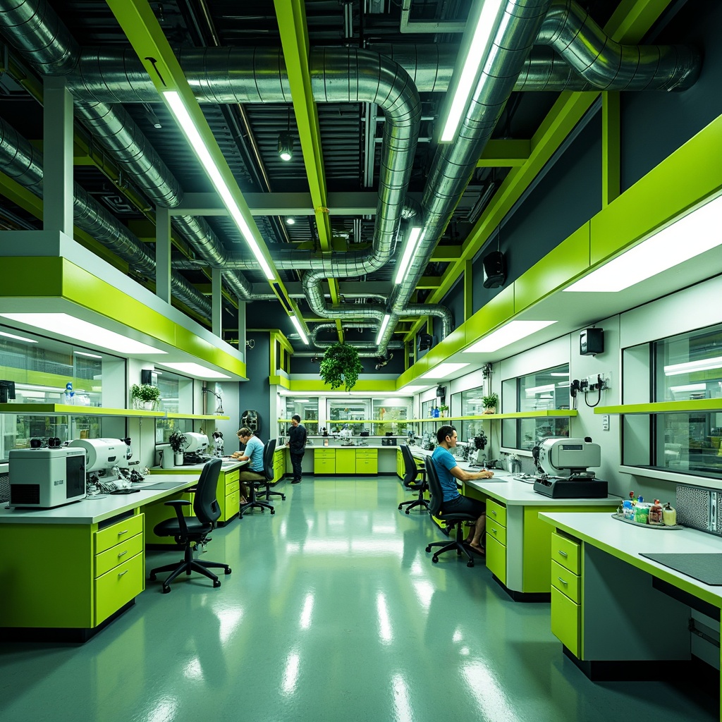 Prompt: Vibrant laboratory interior, bold color scheme, neon green accents, sleek metal equipment, futuristic workstations, ergonomic chairs, minimalist shelving units, industrial-style lighting fixtures, polished concrete floors, modular wall systems, adaptable experimental spaces, dynamic ceiling installations, LED strip lights, high-contrast visual displays, sterile white surfaces, safety glass partitions, precision instruments, advanced microscopy tools, collaborative research environments, natural light infusion, softbox diffused lighting, 1/1 composition, shallow depth of field.