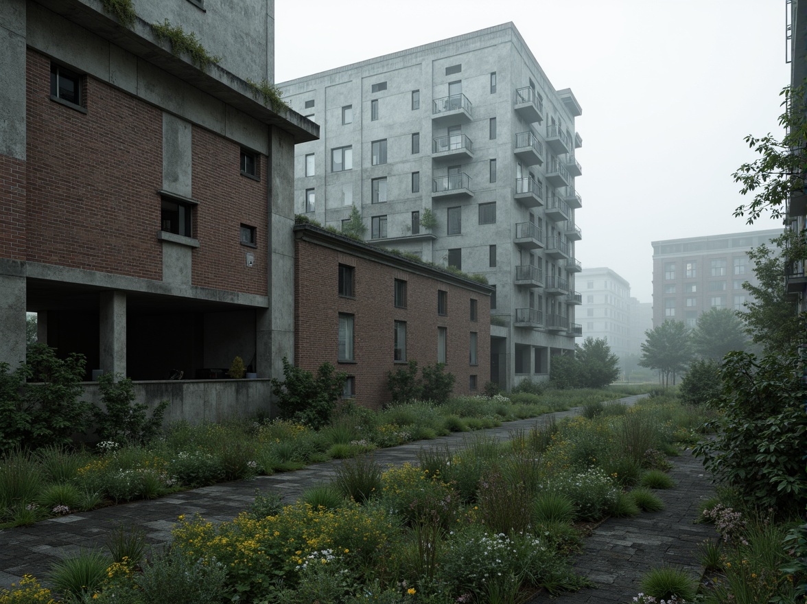 Prompt: Rugged brutalist architecture, raw concrete textures, fortress-like structures, overgrown vegetation, wildflowers, moss-covered walls, industrial landscapes, abandoned factories, crumbling brick facades, distressed metal accents, urban decay, post-apocalyptic atmosphere, dramatic lighting, low-angle shots, cinematic composition, gritty realistic renderings, atmospheric fog effects, misty mornings, eerie silence.