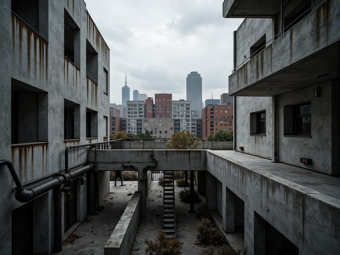 Prompt: Exposed concrete walls, rugged textures, industrial pipes, raw steel beams, minimalist balconies, brutalist architecture, urban cityscape, gloomy overcast sky, dramatic shadows, high-contrast lighting, bold geometric forms, functional simplicity, distressed finishes, poured-in-place concrete, cold monochromatic color palette, 1/1 composition, low-angle shot, cinematic atmosphere, gritty realistic textures.