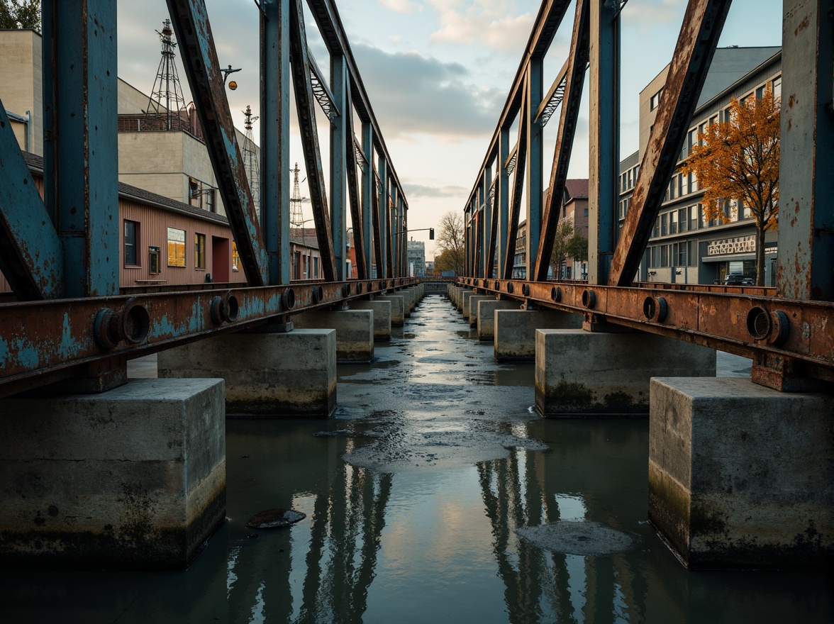 Prompt: Rustic steel bridges, industrial-era aesthetic, weathered metal textures, warm earthy tones, muted blue-grey hues, rich brown wood accents, natural stone foundations, misty atmospheric effects, soft golden lighting, shallow depth of field, 2/3 composition, cinematic view, realistic reflections, ambient occlusion.