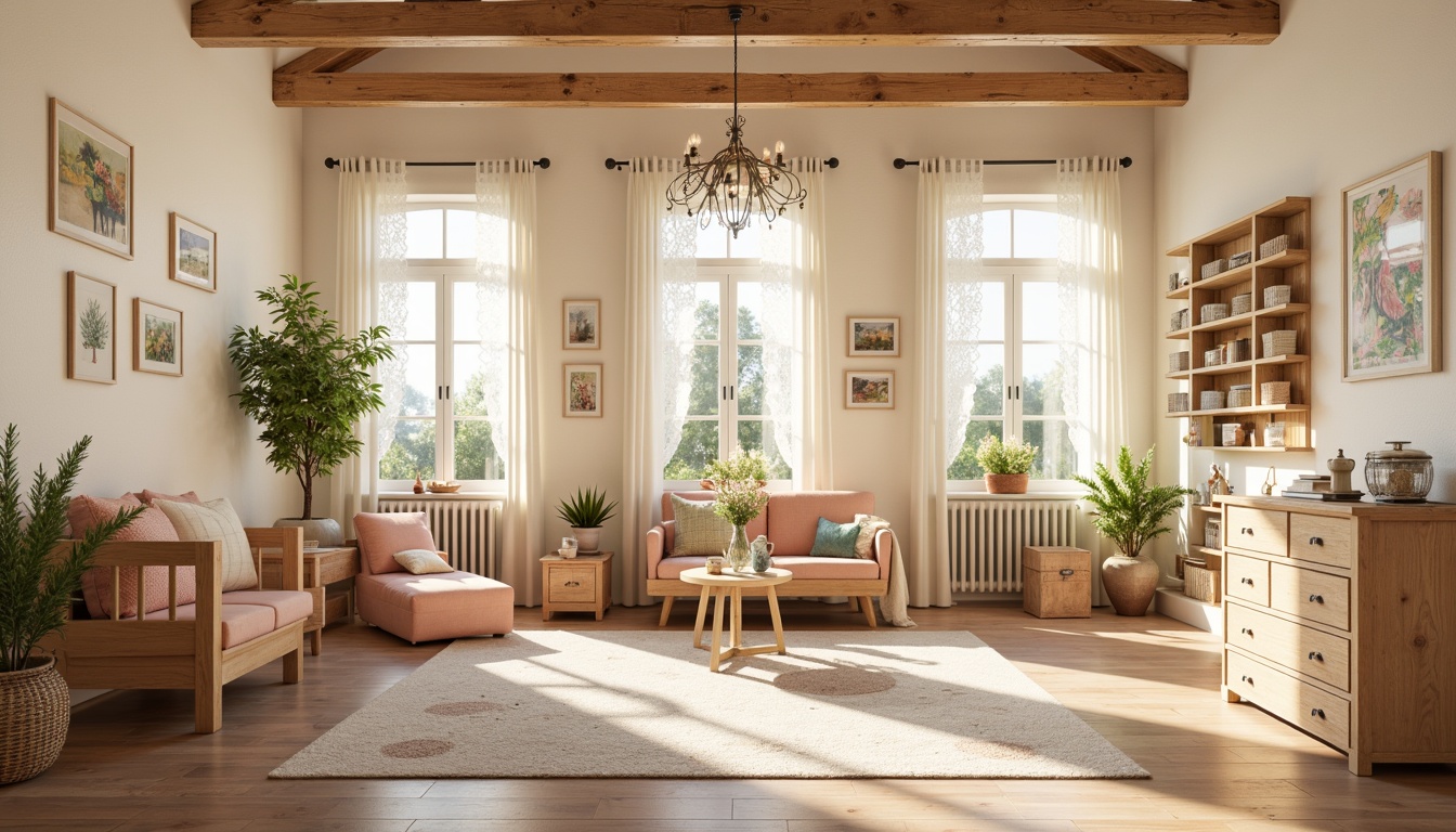 Prompt: Whimsical kindergarten, soft pastel hues, gentle cream walls, warm beige floors, delicate lace curtains, vintage wooden furniture, distressed finishes, floral patterns, tender peach accents, soothing sage greenery, creamy white trim, rustic wooden beams, natural light pouring in, airy atmosphere, playful polka dots, sweet feminine touches, elegant chandeliers, cozy reading nooks, plush area rugs, gentle warm lighting, shallow depth of field, 1/1 composition, intimate close-ups, realistic textures, ambient occlusion.