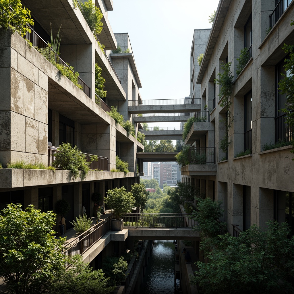 Prompt: Rugged brutalist buildings, raw concrete textures, fortress-like structures, overgrown vegetation, wildflowers, moss-covered walls, weathered steel beams, industrial materials, urban landscape integration, cityscape views, elevated walkways, cantilevered sections, dramatic shadows, harsh natural light, 1/1 composition, symmetrical framing, high-contrast lighting, gritty realistic textures, ambient occlusion.